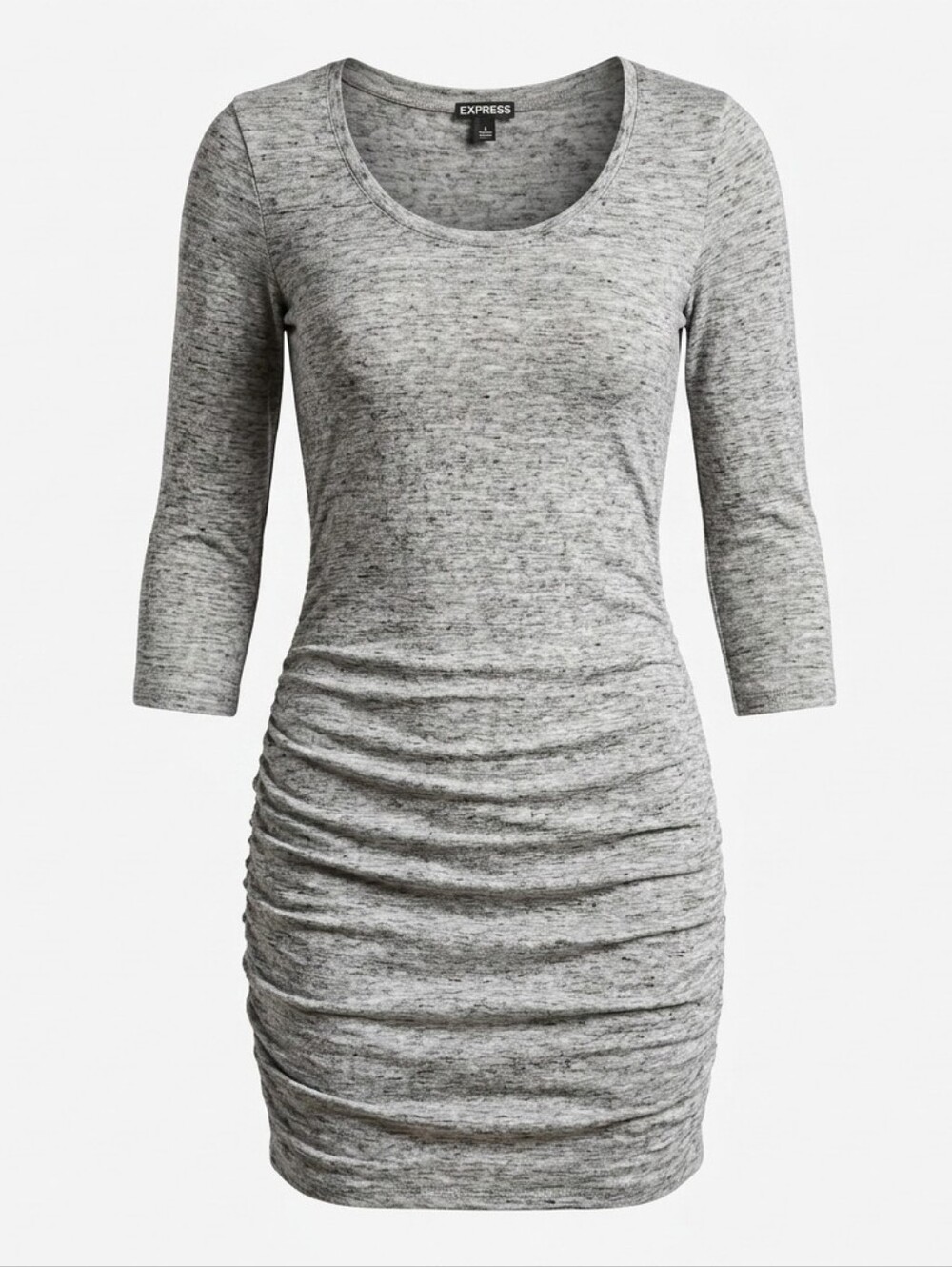 Express Gray Ruched Scoop-Neck Mini Dress 3/4 sleeve
